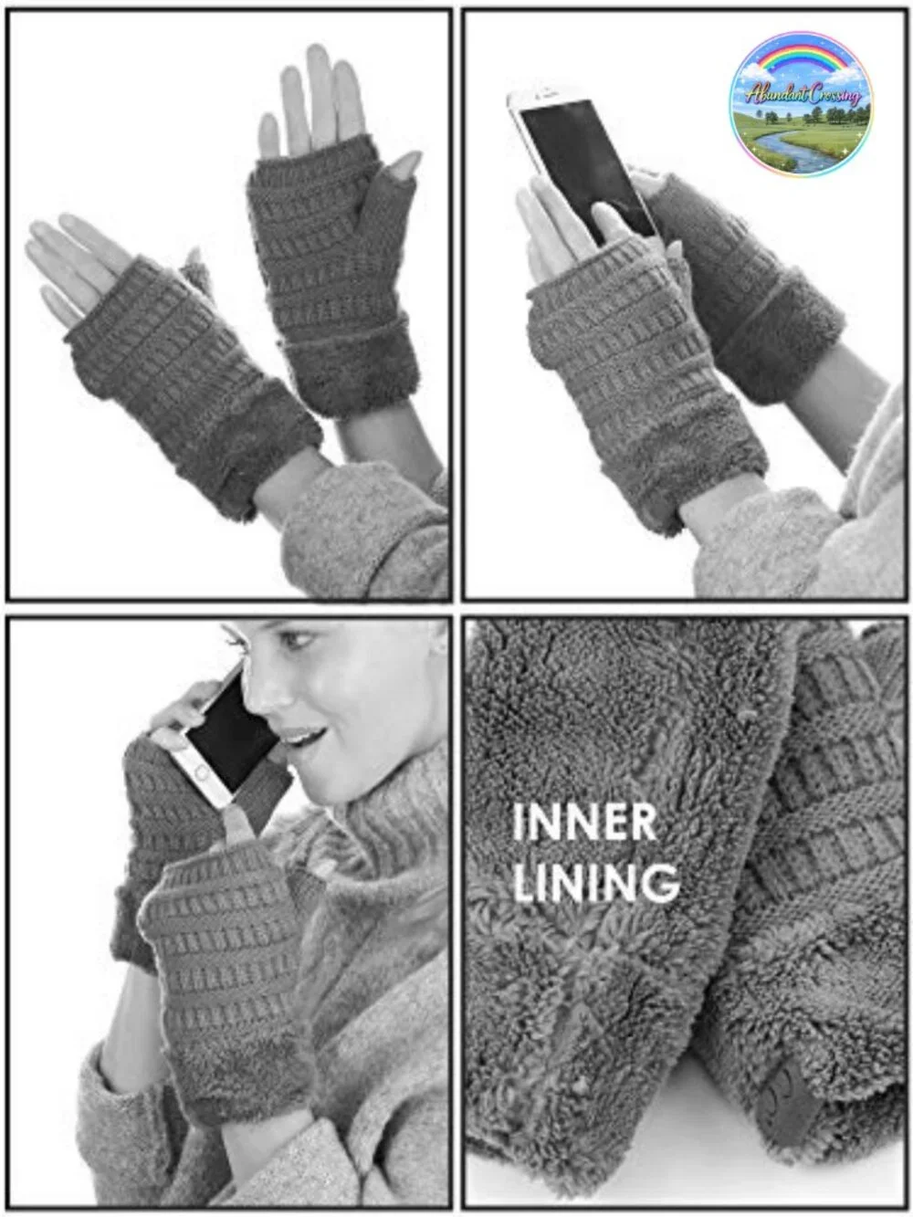 Women's Warm Knit Fingerless Gloves, Fleece Lined Half Finger Winter Mittens